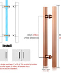 Rose Gold 24 Inch Door Pull Handle For Barn And Sliding Doors Modern Square H Shape Push Pull Handle 304 Stainless Steel Easy 2 Hole Mount Durable Rust Resistant Hardware, shown with measurements and installation diagram