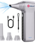 Beast Mode 250,000 RPM Air Duster With Ergonomic Grip Three Gear Blower For Cleaning Computers Keyboards Appliances Cars And Home No Canned Air Needed Delivers Deep Dust Removal Pet Hair Debris With Fast Micro Airflow showing duster, attachments, charger