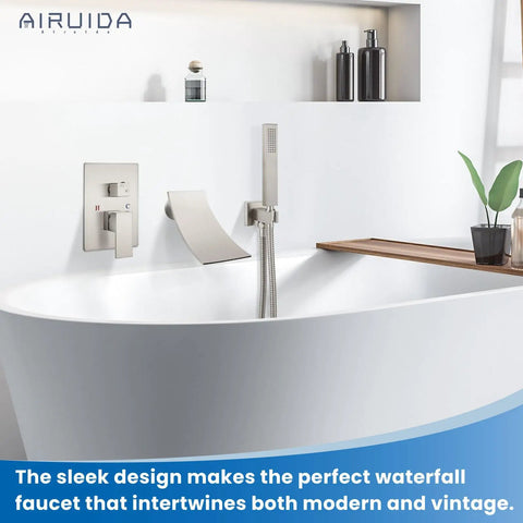 Wall Mount Tub Faucet With Waterfall Spout And Handheld Shower No Sweat Install Single Handle Tub Filler Set in Chrome Finish