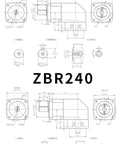 ZBR190 and ZBR240 precision gear reducer stepper motor dimensions for automation applications, highlighting 190mm and 240mm gearboxes.