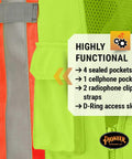 Men's High Visibility Tear Away Safety Vest With Full Mesh Back Class Two Reflective Tape features four sealed pockets and clip straps.
