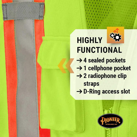 Men's High Visibility Tear Away Safety Vest With Full Mesh Back Class Two Reflective Tape features four sealed pockets and clip straps.