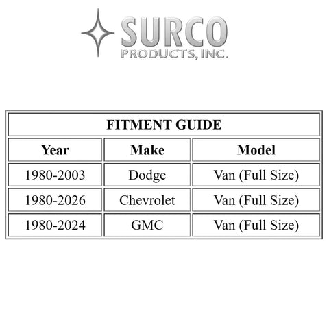 Aluminum 4 Step Van Ladder With Hook Over Rear Door Mount Fits Chevy GMC Dodge Vans 250 LB Capacity Made In USA Heavy Duty Built To Last Non Slip Grooved Steps No Welds Easy Install fitment guide for full-size Dodge, Chevrolet, GMC vans