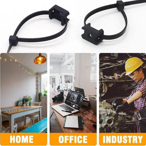 All In One Cable Zip Tie Mount Kit Includes 100 Black 8 Inch Zip Ties 50 Saddle Type Bases And 100 Tapping Screws shown in home, office, and industry settings