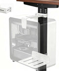 No Drill Necessary Heavy Duty Under Desk PC Mount Rock Solid CPU Holder For Standing Desk Electric Workstation Reinforced Steel Tower Bracket With Non Slip Gaskets Keeps Rig Safe And Secure mounted under a desk with adjustable clamp.