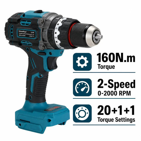 Professional Brushless Cordless Impact Drill Featuring 1/2 Inch Keyless Chuck And Serious 160 Nm Torque Output For Makita 18V Batteries side view showcasing torque settings and design