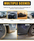 Next Gen Tesla Model Y Mud Flaps Splash Guards Set of 4 fits 2025 and 2026 models shown before and after use in various conditions.