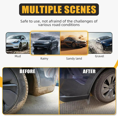 Next Gen Tesla Model Y Mud Flaps Splash Guards Set of 4 fits 2025 and 2026 models shown before and after use in various conditions.