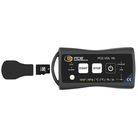 Compact 3 Axis Accelerometer For Vibration And Environmental Monitoring Up To 800 Hz With Temperature Humidity Air Pressure And Light Detection Includes 32 GB SD Card In A Small Pocketable Design For Field Use, front view with SD card
