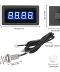 Digital Tachometer With Blue LED Display, 4 Digit RPM Speed Meter For Motors, Hall Proximity Switch NPN Sensor, 12 To 24V DC, High Accuracy 0.1 Percent, No Nonsense Readouts, Ideal For Conveyor Belts And Industrial Machinery., front and side view with sensor cable and dimensions