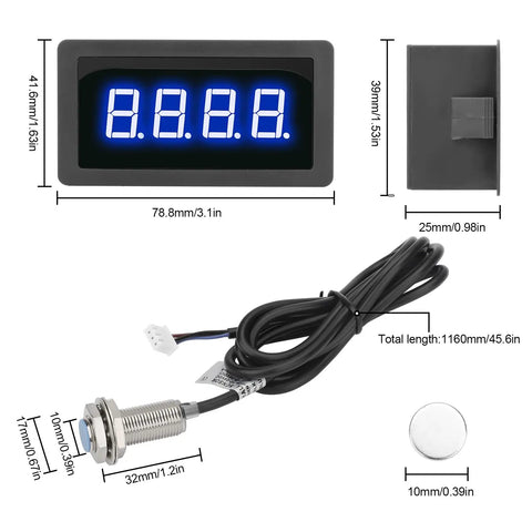 Digital Tachometer With Blue LED Display, 4 Digit RPM Speed Meter For Motors, Hall Proximity Switch NPN Sensor, 12 To 24V DC, High Accuracy 0.1 Percent, No Nonsense Readouts, Ideal For Conveyor Belts And Industrial Machinery., front and side view with sensor cable and dimensions