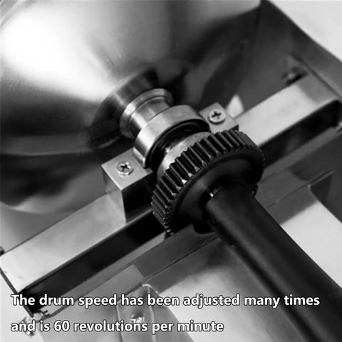 Close-up of Built Tough Electric Coffee Bean Roaster Featuring Precision Thermometer Probe, showcasing 60 rpm drum speed mechanism.