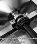 Close-up of the Next Level Stainless Steel Household Coffee Roaster Setup with flexible thermometer probe, showcasing 60 rpm motor gear.