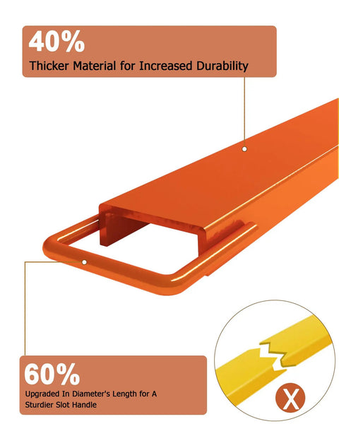 Heavy Duty Steel Forklift Extensions For Real Job Site Grind Seventy Two Inches Long By Four Point Five Wide Pair Of Built Tough Pallet Fork Attachments For Lift Trucks And Loaders Orange