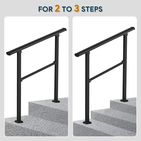 Built Tough Outdoor Step Handrails For Seniors, Rock Solid Stair Railing Kit with riser for 2 to 3 steps in black.