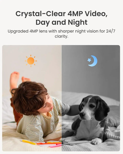 Child and dog on bed captured by 4MP HD Plug In Indoor Security Camera System With Pan Tilt And WiFi 6 Baby Monitor And Pet Camera Night Vision Two