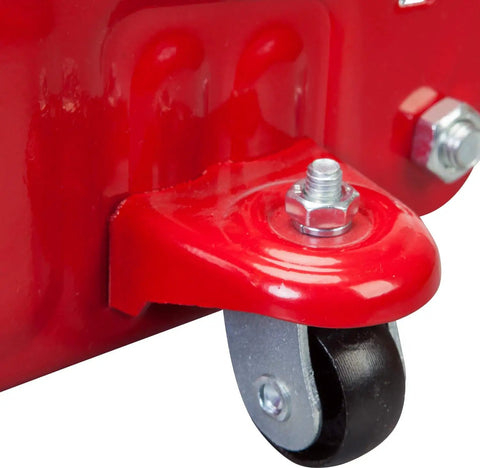 Detail of wheel on 1.5 Ton Hydraulic Trolley Floor Jack With Blow Mold Carrying Case, Heavy Duty Steel Car Jack For DIY Garage Use, Red