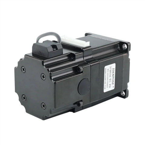 NEMA 23 stepper motor with permanent magnet brake, side view, black housing, 56mm frame.