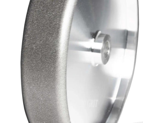 Pro Grade Grinding Wheel 8 Inch By 1.5 Inch CBN 350 Grit With Five Eighths Inch Arbor, side view, focusing on 1/4 inch radius.