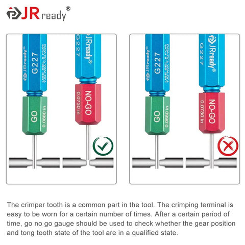 Top Tier 8 Indent Crimping Tool For Heavy Duty Circular And Rectangular Electrical Connectors Like 38999 Plus 26482 With Solid Barrel Contacts showing GO NO-GO gauges for tool measurement.