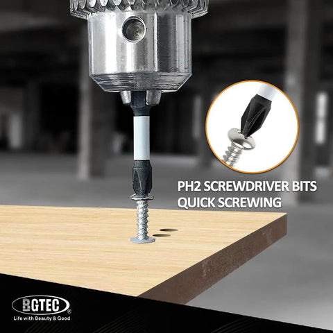 PH2 screwdriver bit quickly driving a screw into wood, part of the Tough As Nails Serrated Carbide Drill Bit Set includes diamond tile bits.