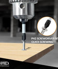 PH2 screwdriver bits in action, tightening a screw into wood with the Badass 12 Piece Diamond Drill Bit Set With Masonry And Screwdriver Bits Heavy Duty Carbide Tips For Porcelain Tile Marble Granite Concrete Wood Zero Heat Dry Design Includes Cooling Wax Pro Grade Quarter Inch Shank No Mess Project Essential.