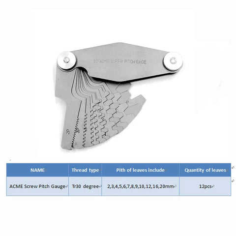 30 Degree Screw Pitch Gauge Set 12 Pcs Stainless Steel T Thread Measuring Tool with visible blade sizes on white background