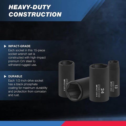 Half Inch Impact Socket Set 15 Piece Metric 10 24 mm Deep Sockets Six Point Drive For Impact Wrench Chrome Vanadium Cr V Heavy Duty Case