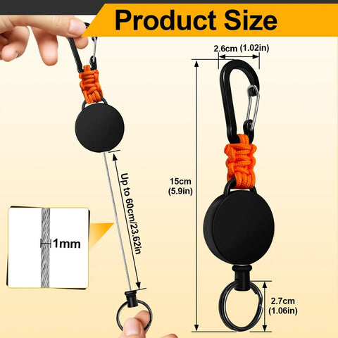 Set Of Four Retractable Keychains With Heavy Duty Carabiner Badge Holders, Extendable Reels, And 23.6 Inch Steel Cord Plus Paracord