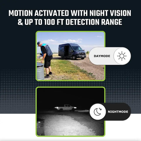 Defend 4G Cellular Security Camera With Live View 4K Photo And 1080p Video No WiFi Needed Night Vision Battery Powered Remote Outdoor Property Monitoring showing day and night mode with vehicle in view.