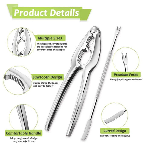 Three Piece Lobster Crackers And Picks Set Stainless Steel Crab Leg Tools with detailed features highlighted