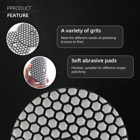 Pro Grade Diamond Polishing Pads Set 9 Pcs 4 Inch showing hexagon pattern and grits for granite concrete marble quartz countertops.