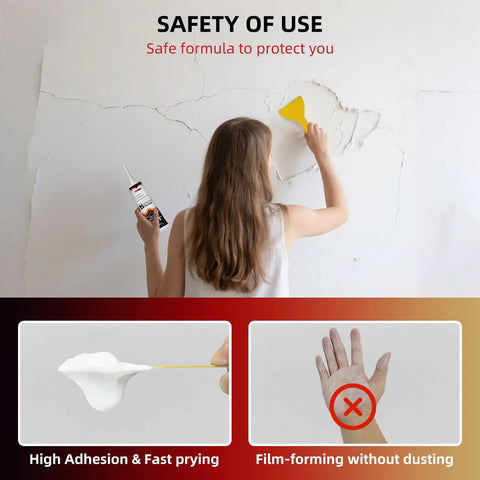 Woman using All In One Drywall Repair Kit For Quick Holes And Cracks Patch Putty For Walls Nail Hole Filler Creak Damage Repair Easy DIY Patch Solution That Smooths Fills And Reinforces Surfaces on wall cracks.