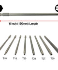 Eight 150mm Torx security bits (T8–T40) with long driver bit in S2 steel set