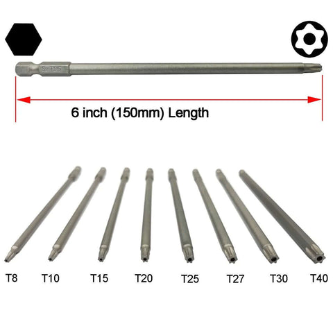 Eight 150mm Torx security bits (T8–T40) with long driver bit in S2 steel set