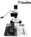 EssSthmy 36W All-Metal Mini Drill Press Lathe showing motor, chuck, power supply, and instruction manual for precise micro drilling.