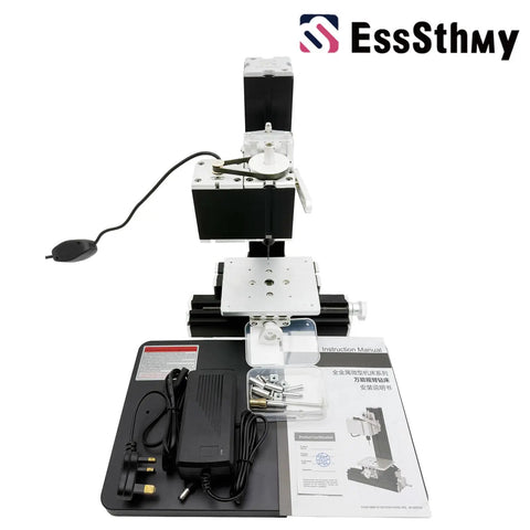 EssSthmy 36W All-Metal Mini Drill Press Lathe showing motor, chuck, power supply, and instruction manual for precise micro drilling.