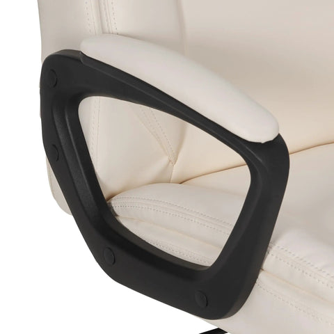 Close-up of armrest on Puresoft PU Padded Mid Back Office Chair With Armrests Adjustable Height And Tilt Control Easy Assembly Cream Finish Sturdy 275 Lb Capacity For Your Go To Home Office Or Conference Desk