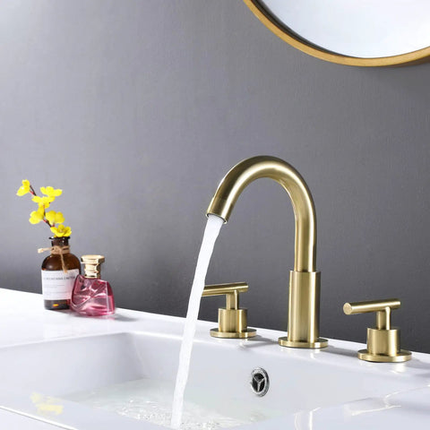 Brushed Gold Widespread Bathroom Faucet For 8 Inch Sinks Brass Deck Mounted Tap 3 Hole 2 Handle 360 Degree Swivel Spout Drip Free