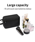 Travel Hanging Toiletry Bag With Carry Handle shown with various travel-size toiletry items, showcasing large capacity and compact design.