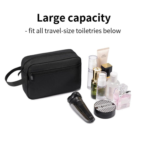 Travel Hanging Toiletry Bag With Carry Handle shown with various travel-size toiletry items, showcasing large capacity and compact design.