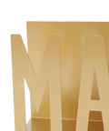 Close-up of gold stylish hollow cutout letters in Sturdy Metal Desk Mail Organizer With Stylish Hollow Cutout For Bills, Letters And Papers Gold Finish Office Supplies Durable Iron Construction Keeps Bills And Mail Neatly Organized On Your Desk