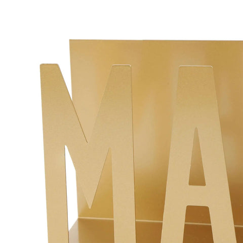 Close-up of gold stylish hollow cutout letters in Sturdy Metal Desk Mail Organizer With Stylish Hollow Cutout For Bills, Letters And Papers Gold Finish Office Supplies Durable Iron Construction Keeps Bills And Mail Neatly Organized On Your Desk