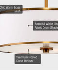 Close-up of 15 Inch Modern Gold Semi Flush Mount Ceiling Light With White Fabric Drum Shade, Warm Brass Finish, Frosted Glass Diffuser.
