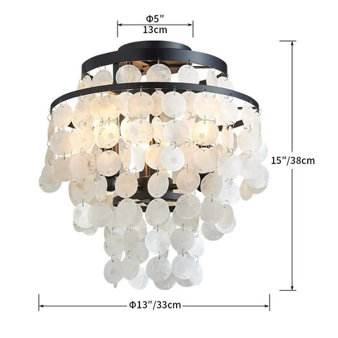 Capiz Shell Semi Flush Mount Ceiling Light in Matte Black for Bedroom and Kitchen Dope Coastal Style Pendant Fixture With Hundreds of Capiz Shells Elegant Romantic Ocean Vibe for Hallway and Entry, 13 inch diameter and 15 inch height.
