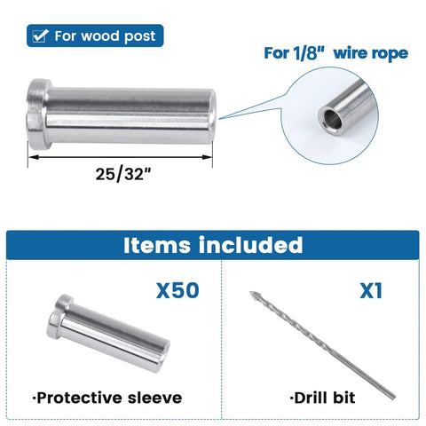 Image showing 50 Pack T316 Stainless Steel Protective Sleeves For 1/8 Inch Wire Rope Cable Railing On Wood Posts Kit Not For Angles Or Metal Posts Durable Protector Sleeves With Easy Install, including protective sleeves and drill bit.