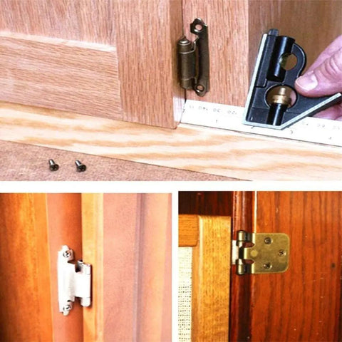 Ten Pack Overlay Cabinet Hinges Self Closing For Kitchen Cupboards And Furniture Doors Flush Mount With Silicon Bumpers And Hardware Screws Quiet Soft Close 7x4x3 Cm Green Bronze installed on wooden door with measuring tool.