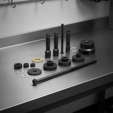 Badass Motorcycle Bearing Puller Tool Kit Extractor Installer Remover Set Hydraulic Hub Service Carbon Steel Build With Long Pull Rod And Adapters For All Riders Seeking High Performance Maintenance Solutions For Their Machines Right Now, carbon steel parts on workbench