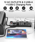Six Foot Surge Protector Power Strip With Twelve Outlets And Four USB Ports, Heavy Duty Extension Cord, 2700 Joules, Overload Protection, Perfect For Home Office, Gaming Setup, And More. Six-foot power strip with 12 outlets, USB-A and USB-C ports on a desk.