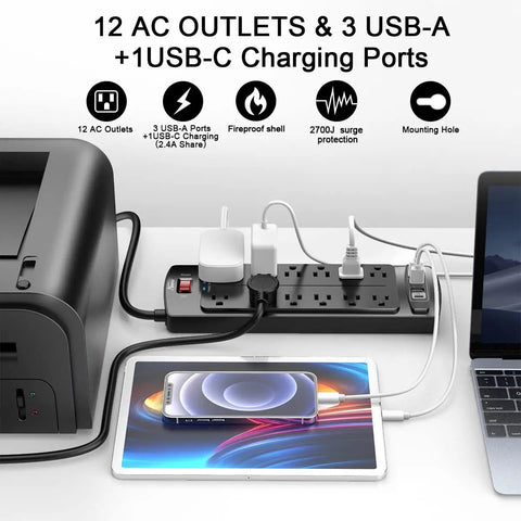 Six Foot Surge Protector Power Strip With Twelve Outlets And Four USB Ports, Heavy Duty Extension Cord, 2700 Joules, Overload Protection, Perfect For Home Office, Gaming Setup, And More. Six-foot power strip with 12 outlets, USB-A and USB-C ports on a desk.
